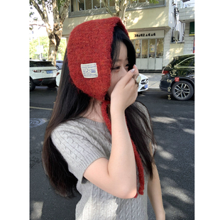 红色针织系带耳罩女生冬季耳暖耳帽氛围感保暖围巾围脖防冻耳捂子