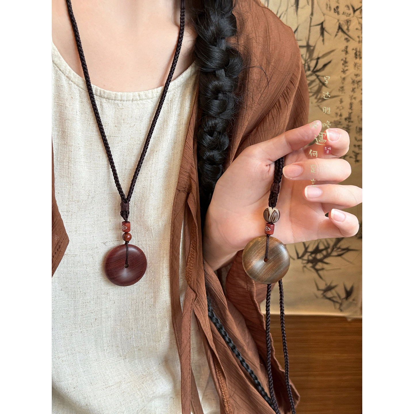 平安扣檀木挂绳项链新中式复古