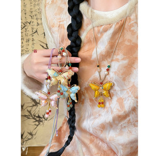 ［庄周梦蝶］宋锦蝴蝶流苏项链女款新中式长款毛衣链国风挂绳配饰