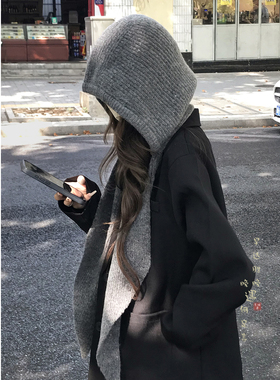 针织灰色帽子围巾一体女冬季2025新款高级感加厚巴拉克拉法帽围脖