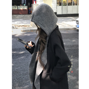 针织灰色帽子围巾一体女冬季2026新款高级感加厚巴拉克拉法帽围脖