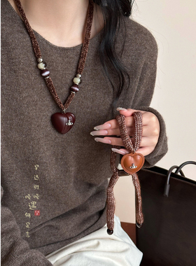 毛线爱心项链咖色毛衣链配饰