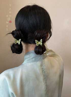 国风绿色流苏蝴蝶小号抓夹女中式古风复古发夹鲨鱼夹汉服发饰头饰