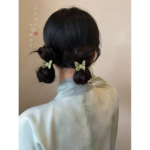 国风绿色流苏蝴蝶小号抓夹女中式古风复古发夹鲨鱼夹汉服发饰头饰