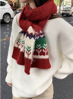 针织羊毛费尔岛红色围巾女款秋冬季2025新款加厚保暖新年围脖护颈