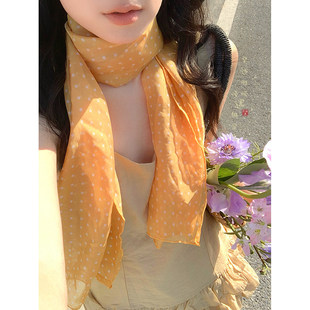 黄色波点薄款长条丝巾女复古高级感飘带围脖护颈围巾装饰系脖配饰