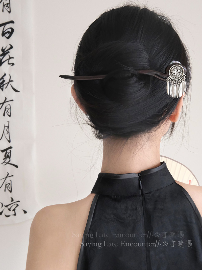 黑檀木u型流苏发簪小众高级感图片