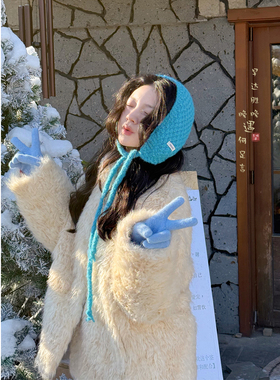 针织蓝色系带显脸小耳罩女冬季防寒保暖毛线耳暖耳捂子小围巾围脖