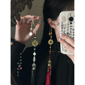 古风铜钱红色流苏无耳洞耳挂女新中式 国风长款 耳环夸张汉服耳饰品