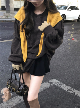 百搭神器！黄色毛线外搭三角披肩围巾两用女高级感围脖毛衣小坎肩