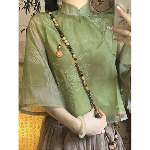 新中式檀木串珠斜挎链女国风项链装饰珠链挂链古风禅意长款毛衣链