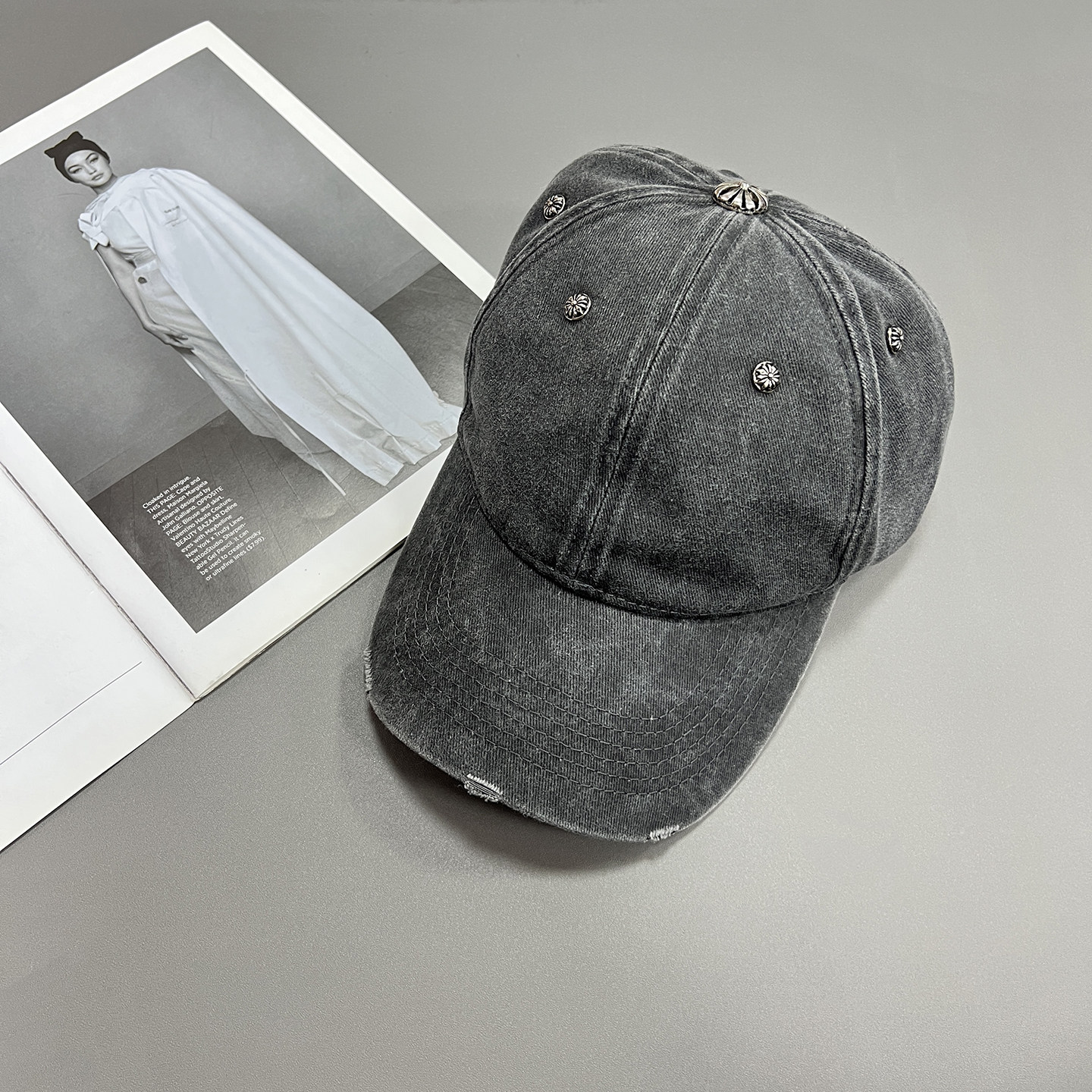 复古做旧牛仔棒球帽男女铆钉十字架显脸小鸭舌帽百搭街头遮阳帽潮