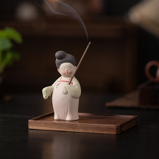 古风唐女俑陶瓷线香炉禅意线香插香座中式 茶桌香道香薰炉香器摆件