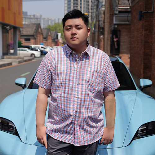 夏季全棉休闲格子大码短袖衬衫