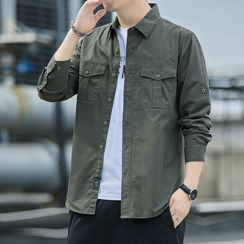 秋冬工装风军绿色长袖衬衫男宽松休闲多口袋潮牌衬衣翻领青年纯色,男装,衬衫,淘宝优惠券,粉丝福利购,淘宝优惠卷