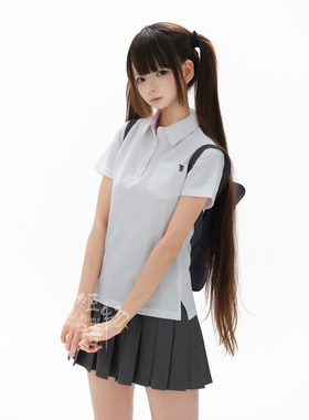 姬物语微修身学院风polo衫运动透气上衣白色刺绣T恤日系原创百搭