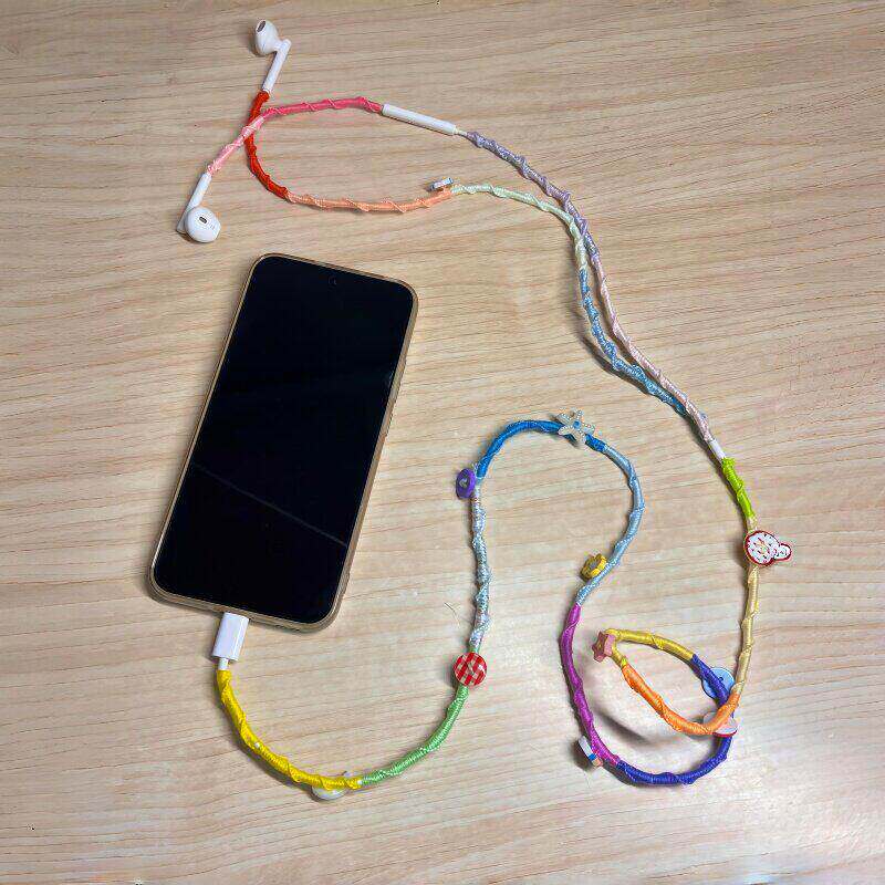 成了时尚单品~有线耳机保护绳编织diy材料彩虹耳机线装饰时尚配件