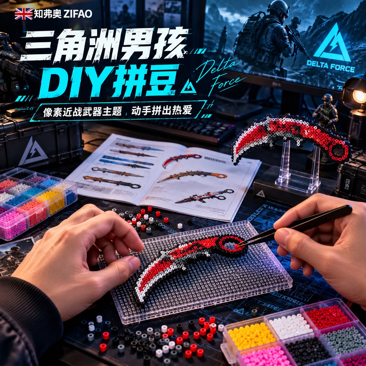 三角洲行动男孩拼豆玩具套装刀皮儿童手工diy全套工具材料融合豆