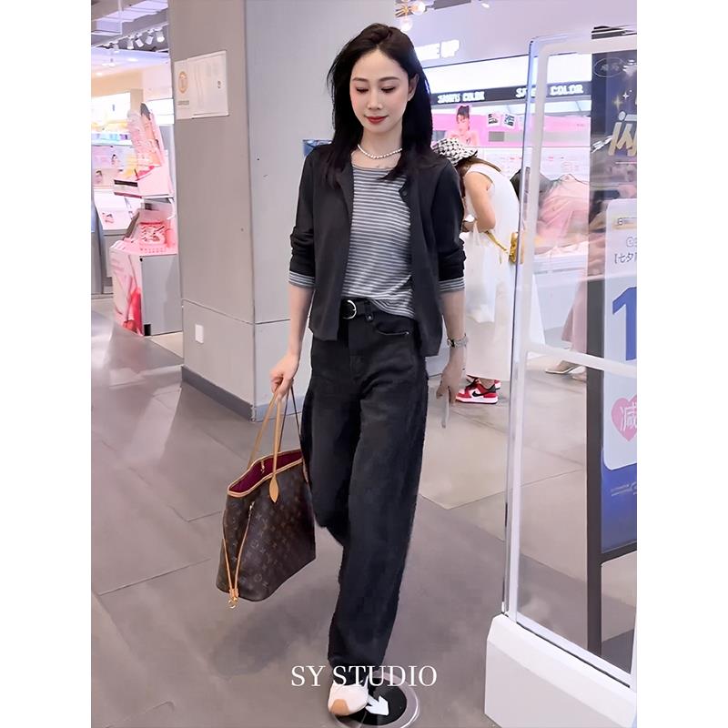MONLOUVE秋季套装2025新款女韩版拼接条纹假两件针织衫女覆古牛仔