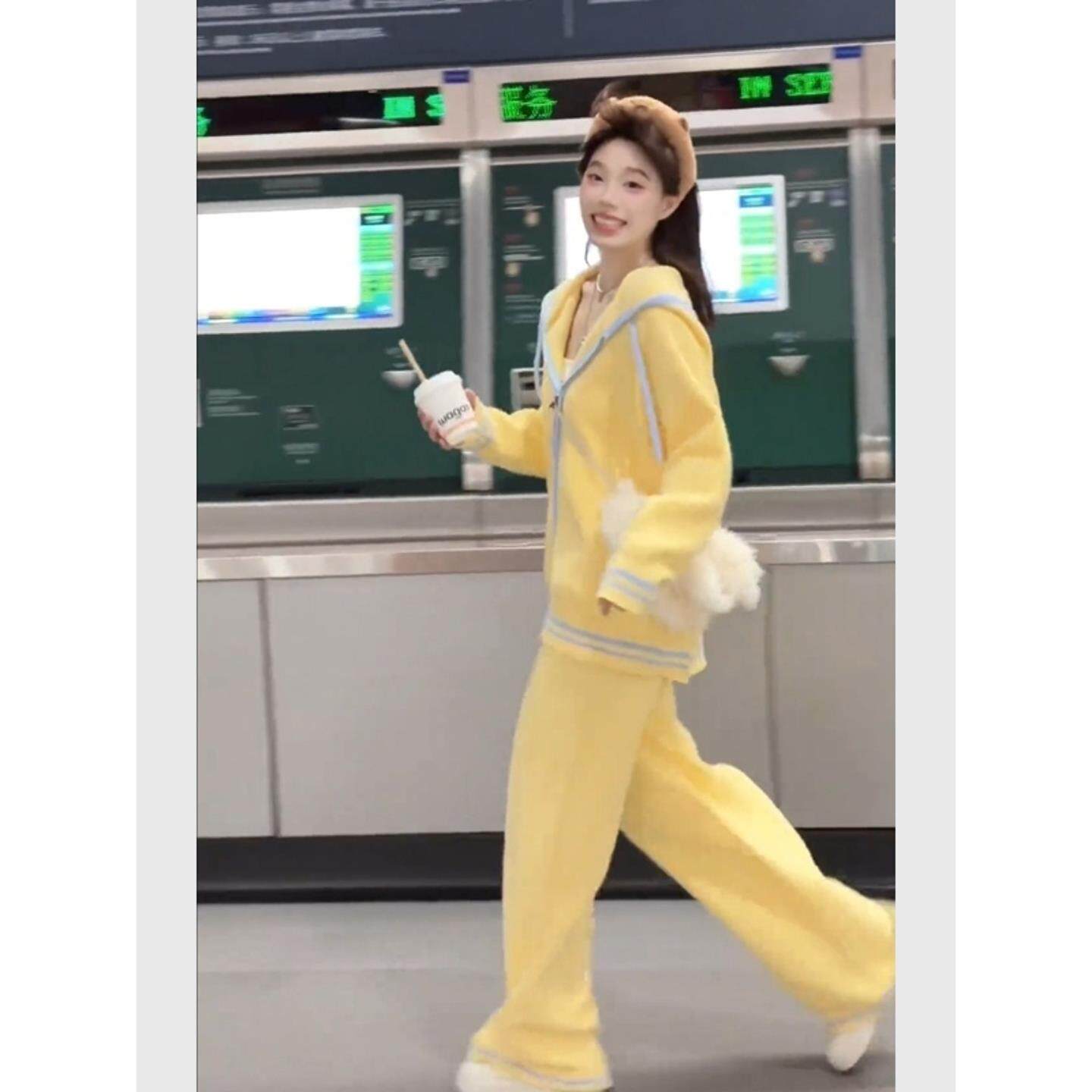 MONLOUVE黄色针织连帽卫衣外套女宽松慵懒风早秋女装2025新款减龄