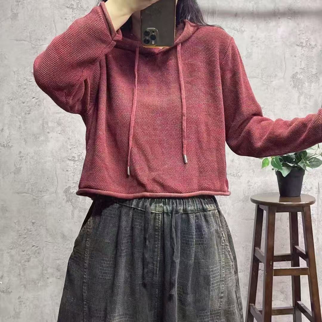通勤风套头2026秋季复古文艺连帽短款针织毛衣女宽松百搭长袖上衣
