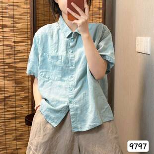 2026新品通勤风亚麻短袖衬衫女夏宽松翻领单排扣纯色减龄显瘦上衣