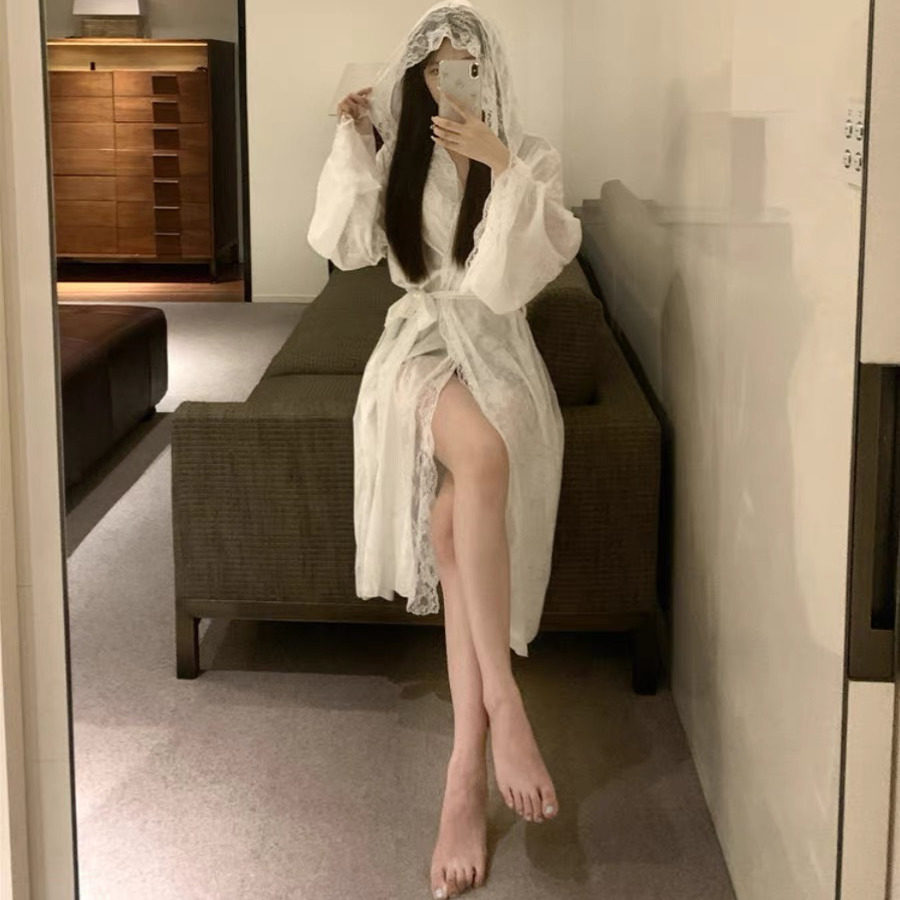 睡衣女秋冬季长袖性感睡袍长款连帽蕾丝纯欲宫廷风浴袍春秋家居服