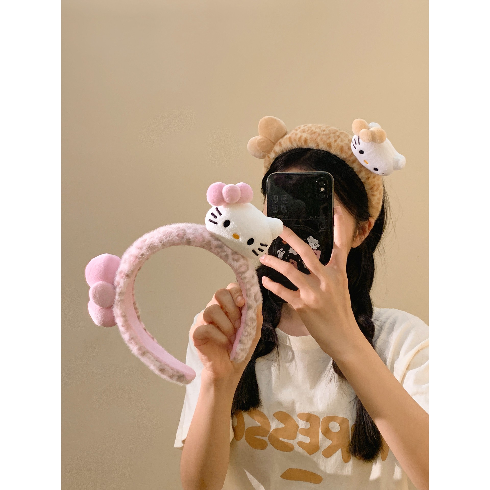 粉色豹纹Kitty蝴蝶结毛绒发箍女可爱百搭头箍洗脸发卡高颅顶头饰