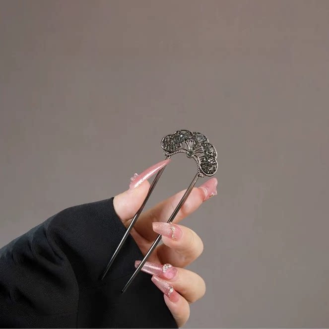 扇形水钻u型发簪女新中式现代简约盘发簪子高级感个性插梳发钗女