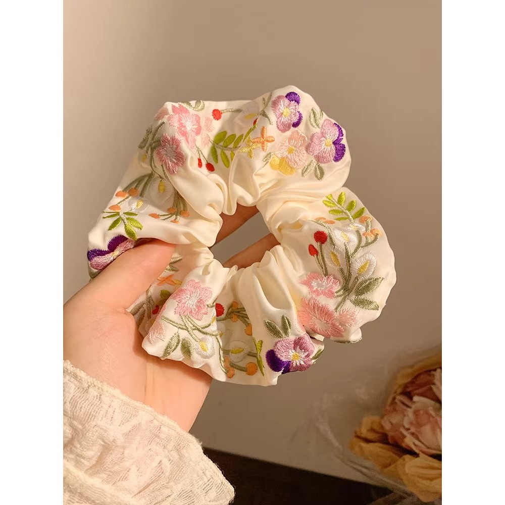 繁花如梦~白色刺绣花朵大肠发圈女法式高级感丸子头大号头绳发饰