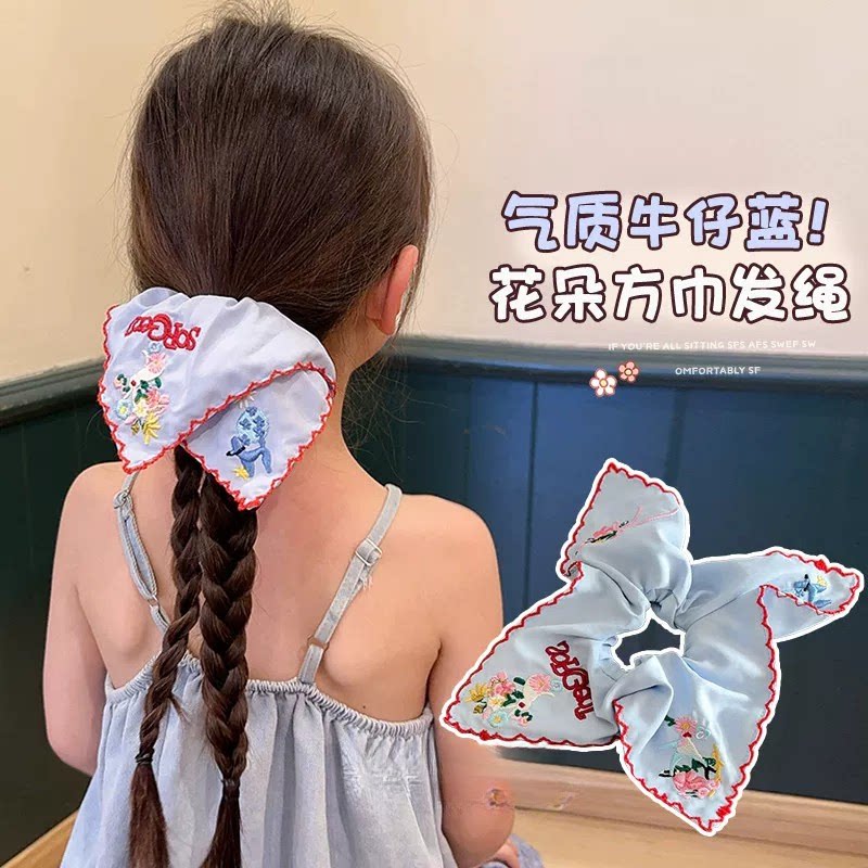 易梦玲同款蓝色刺绣花朵方巾发圈儿童复古碎花大肠圈女童方形发绳
