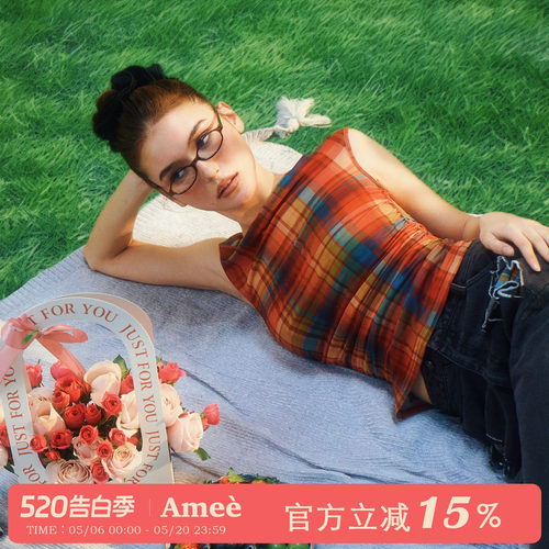 红调格纹网纱美式t恤女