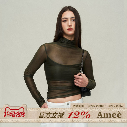 Amee复古长袖半透视网纱辣妹上衣