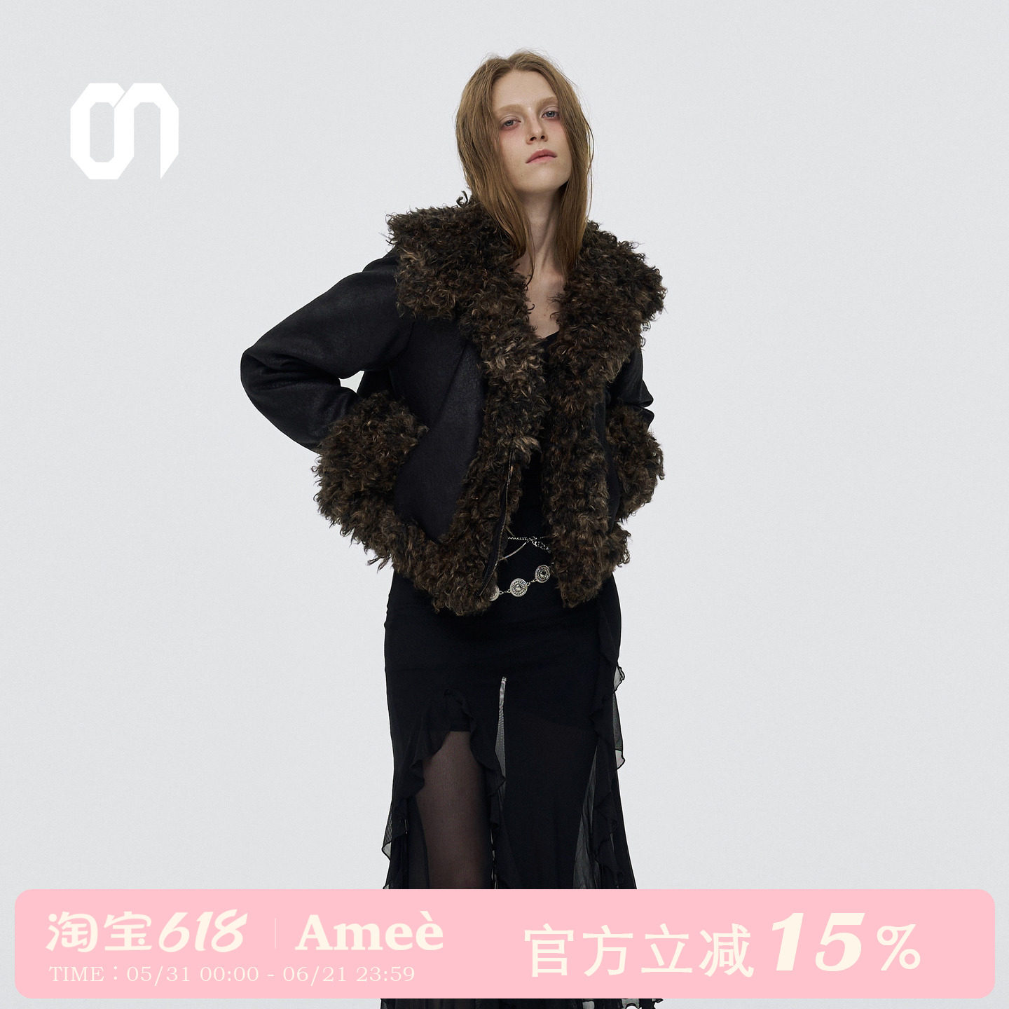 Amee美式复古豹纹毛毛翻领棉服女冬肌理麂皮拼接机车夹棉外套