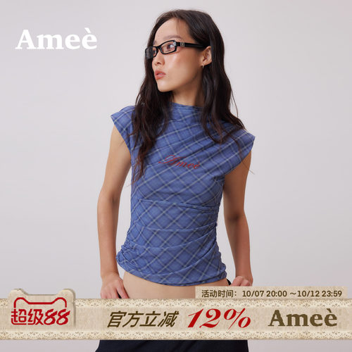 amee希腊蓝格网纱半高领背心