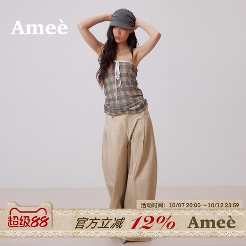 amee复古格纹显瘦露背抹胸