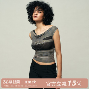 Amee 复古肌理印花荡领背心女修身显瘦网纱无袖上衣