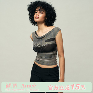 上衣 显瘦网纱无袖 Amee 复古肌理印花荡领背心女修身