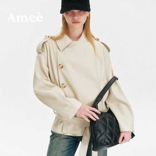 Amee复古双排扣翻领松弛风哑光皮革风衣 设计感绑带收腰廓形外套