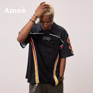Amee黑红撞色反叛叙事原创球衣男女同款宽松翻领短袖T恤