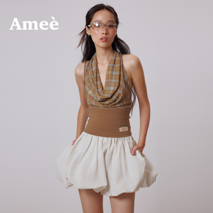 Amee复古辣妹撞色格纹挂脖荡领上衣夏季女高级感显瘦露背吊带背心