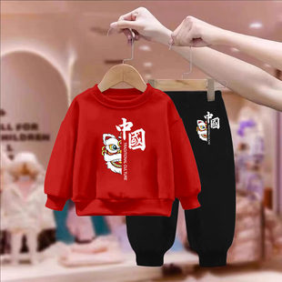 全棉纯棉儿童秋季套装男童红色卫衣中国风女童运动服春秋纯棉国庆