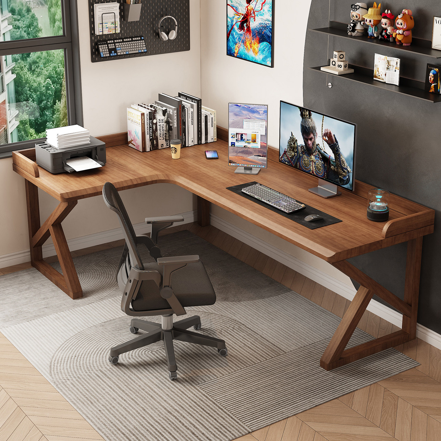 全实木挡板转角双人书桌书架一体组合拐角办公桌7字L型电脑桌定制,住宅家具,转角桌,淘宝优惠券,粉丝福利购,淘宝优惠卷