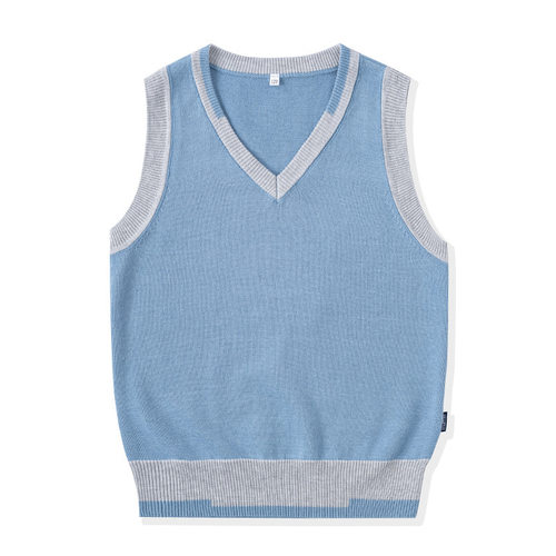 小学生V领拼色毛衣男童女童全棉套头衫英伦校服长袖藏青色针织衫