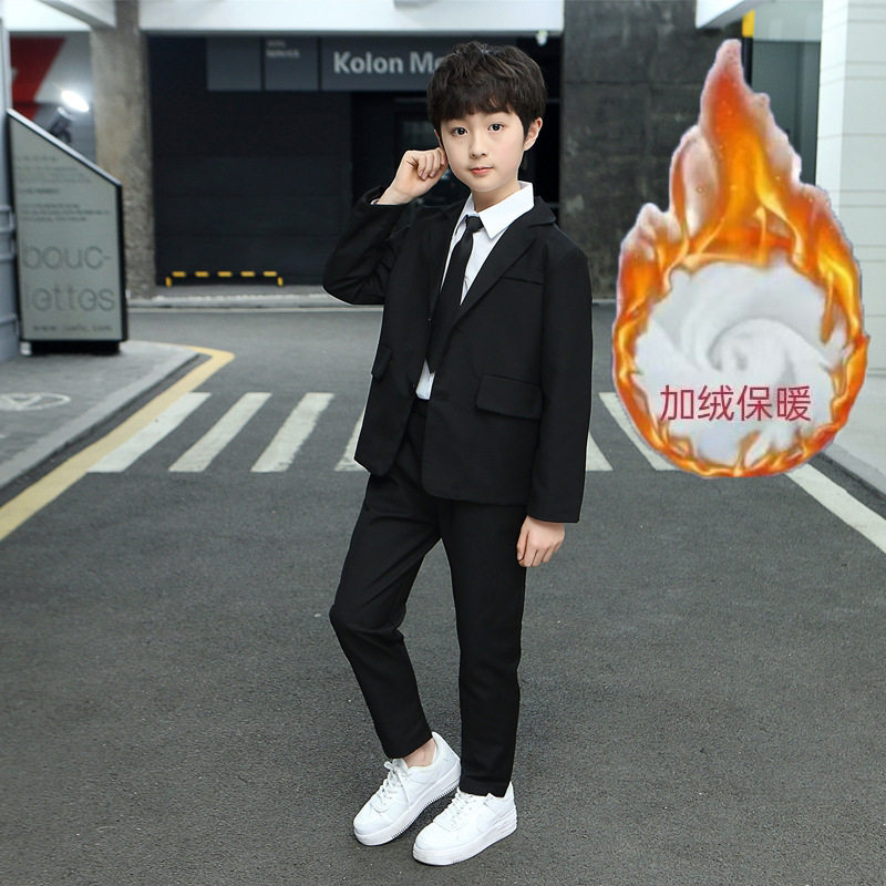 儿童白衬衫加绒长袖男童衬衣黑裤女童表演出服小学生秋冬班服朗诵