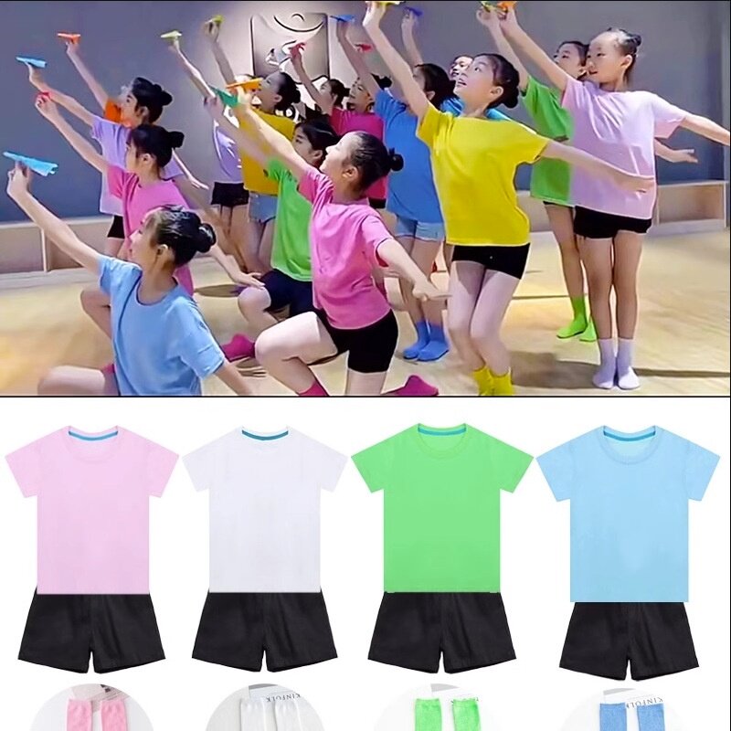 彩色纯棉男女儿童短袖t恤短裤套装糖果色幼儿园运动会班服亲子装