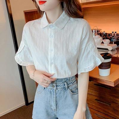 白色短袖衬衫女高级感轻奢荷叶边上衣2025夏季新款法式喇叭袖衬衣