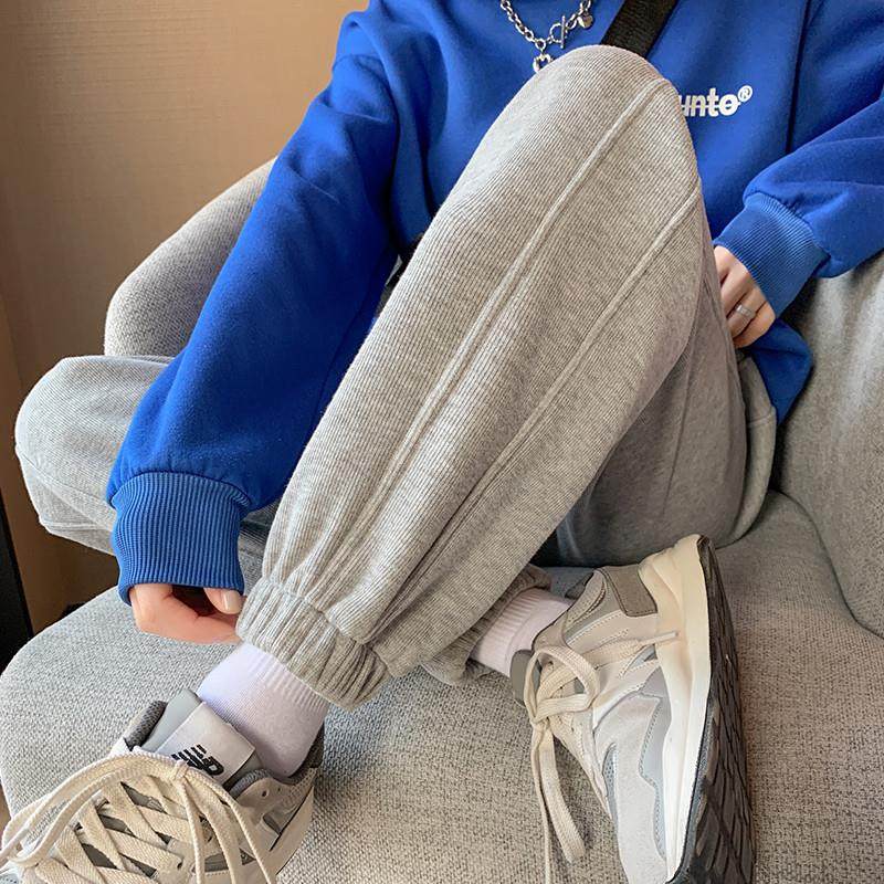 灰色运动裤女春秋冬季2023新款宽松束脚加绒卫裤显瘦小个子休闲裤