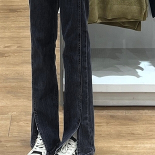 黑灰色开叉牛仔裤女春秋设计感小众高腰直筒小个子裤子ins高街潮