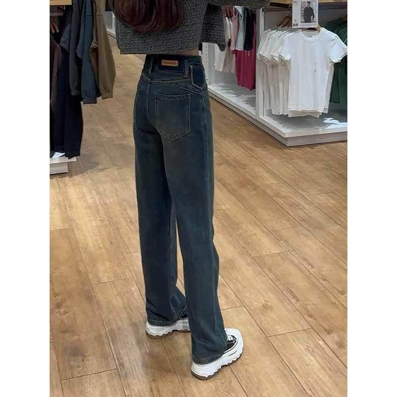 宽松直筒牛仔裤女春秋新款梨形身材大码显瘦胖妹妹高腰复古阔腿裤
